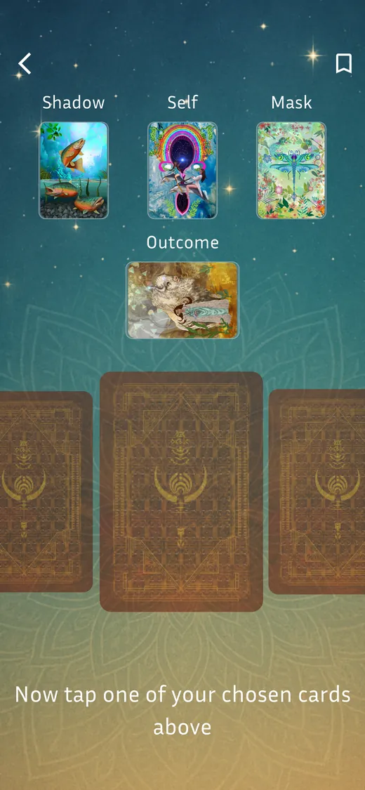 A 4-card spread with Shadow, Self, Mask and Outcome positions